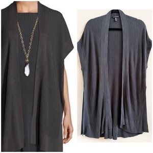 Eileen Fisher Tencel Ribbed Open Front Cardigan Vest Grey Sz S/M Layer